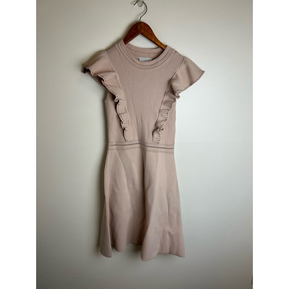 SANDRO Women's‎ Beige Ruffle-Trimmed Tilla Ribbed Knit Mini Dress Sz 36 - Picture 4 of 8